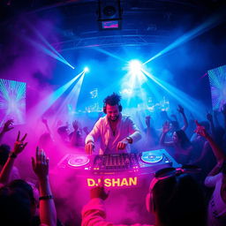 A vibrant and dynamic DJ scene featuring a charismatic DJ named "DJ SHAN" in the center, surrounded by colorful lights and an energetic crowd