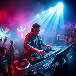 A vibrant and dynamic DJ scene featuring a charismatic DJ named "DJ SHAN" in the center, surrounded by colorful lights and an energetic crowd