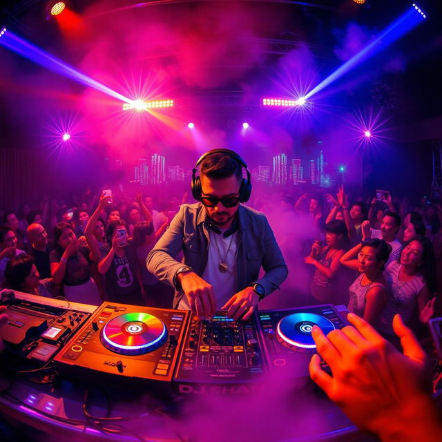 A vibrant and dynamic DJ scene featuring a charismatic DJ named "DJ SHAN" in the center, surrounded by colorful lights and an energetic crowd