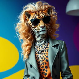 A slender leopard dressed as a modern woman, with voluminous curly blonde hair resembling Shakira's hairstyle