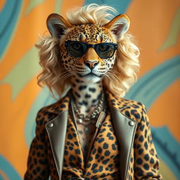 A slender leopard dressed as a modern woman, with voluminous curly blonde hair resembling Shakira's hairstyle