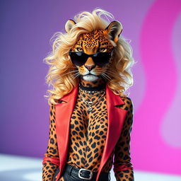 A slender leopard dressed as a modern woman, with voluminous curly blonde hair resembling Shakira's hairstyle