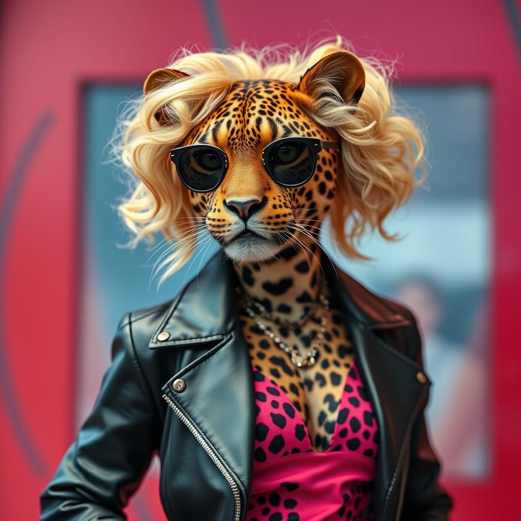 A slender leopard dressed as a modern woman, with voluminous curly blonde hair resembling Shakira's hairstyle