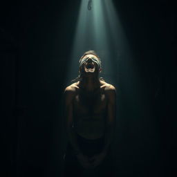 A dramatic and intense scene depicting a person, bound and blindfolded, in a dimly lit execution chamber with shadows cast dramatically around