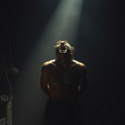 A dramatic and intense scene depicting a person, bound and blindfolded, in a dimly lit execution chamber with shadows cast dramatically around