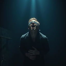A dramatic and intense scene depicting a person, bound and blindfolded, in a dimly lit execution chamber with shadows cast dramatically around