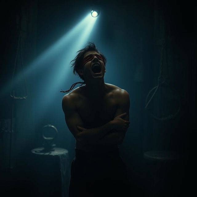 A dramatic and intense scene depicting a person, bound and blindfolded, in a dimly lit execution chamber with shadows cast dramatically around