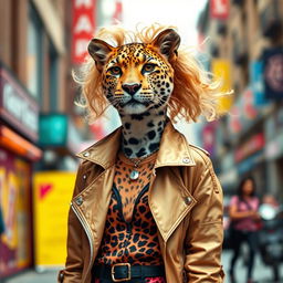 A slim leopard dressed in modern women's clothing, showcasing a stylish outfit that blends contemporary fashion with a unique flair