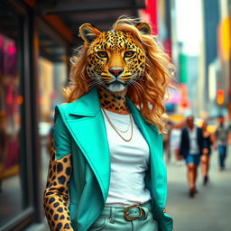 A slim leopard dressed in modern women's clothing, showcasing a stylish outfit that blends contemporary fashion with a unique flair