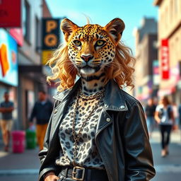 A slim leopard dressed in modern women's clothing, showcasing a stylish outfit that blends contemporary fashion with a unique flair