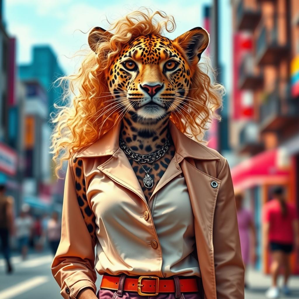 A slim leopard dressed in modern women's clothing, showcasing a stylish outfit that blends contemporary fashion with a unique flair