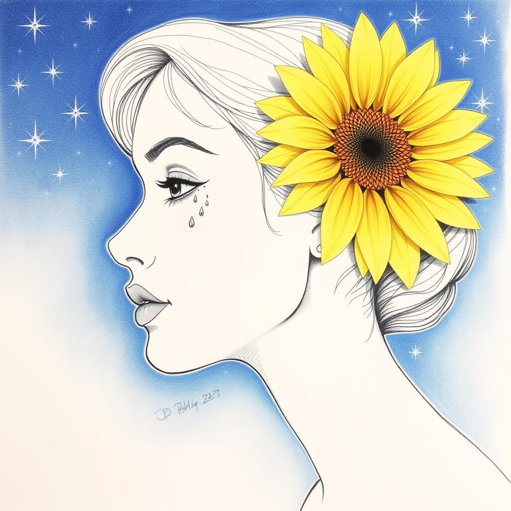 A side profile contour drawing of a woman's face with delicate features, showcasing intricate details