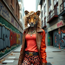 A slender leopard dressed in a modern woman's outfit, featuring vibrant colors and stylish accessories
