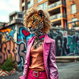 A slender leopard dressed in a modern woman's outfit, featuring vibrant colors and stylish accessories