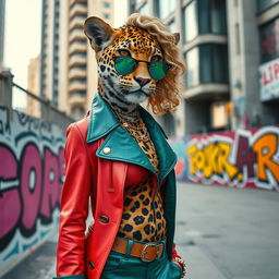 A slender leopard dressed in a modern woman's outfit, featuring vibrant colors and stylish accessories