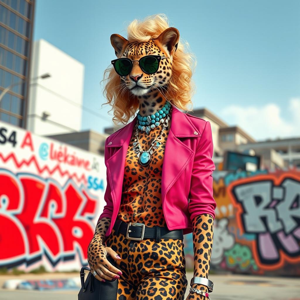 A slender leopard dressed in a modern woman's outfit, featuring vibrant colors and stylish accessories