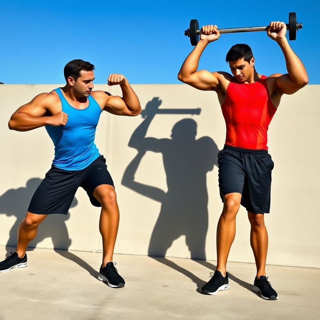 A dynamic scene featuring two athletic male figures engaged in an intense outdoor workout