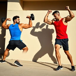 A dynamic scene featuring two athletic male figures engaged in an intense outdoor workout