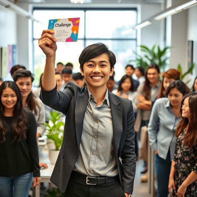 A confident individual standing in a modern office environment, holding a colorful challenge card high in the air