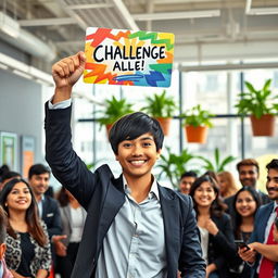 A confident individual standing in a modern office environment, holding a colorful challenge card high in the air