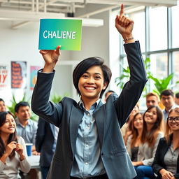 A confident individual standing in a modern office environment, holding a colorful challenge card high in the air