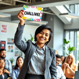 A confident individual standing in a modern office environment, holding a colorful challenge card high in the air