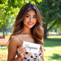 A beautiful young woman with flowing brown hair, wearing a stylish summer dress, stands in a park