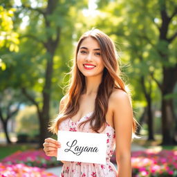 A beautiful young woman with flowing brown hair, wearing a stylish summer dress, stands in a park