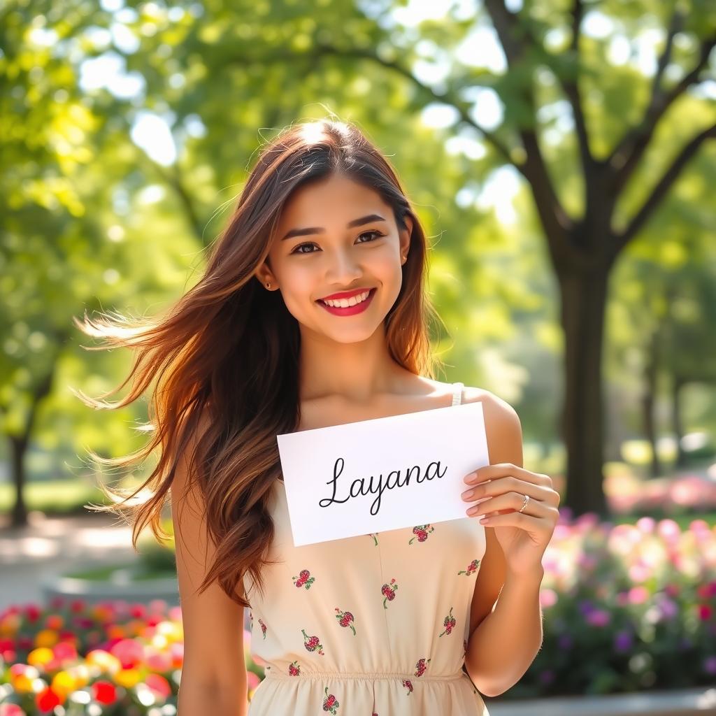 A beautiful young woman with flowing brown hair, wearing a stylish summer dress, stands in a park