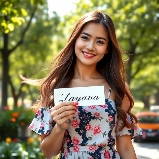 A beautiful young woman with flowing brown hair, wearing a stylish summer dress, stands in a park