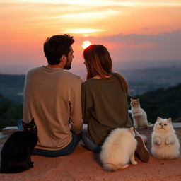 A romantic scene of a couple seated on the ground during a serene evening, overlooking a breathtaking view of a sunset