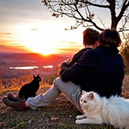A romantic scene of a couple seated on the ground during a serene evening, overlooking a breathtaking view of a sunset