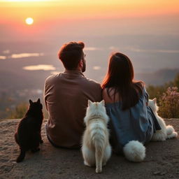 A romantic scene of a couple seated on the ground during a serene evening, overlooking a breathtaking view of a sunset