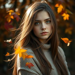 A captivating portrait of a young woman with long, flowing brown hair and striking green eyes, set against a vibrant autumn backdrop