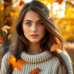A captivating portrait of a young woman with long, flowing brown hair and striking green eyes, set against a vibrant autumn backdrop