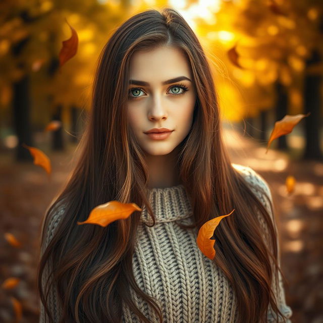 A captivating portrait of a young woman with long, flowing brown hair and striking green eyes, set against a vibrant autumn backdrop