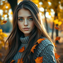 A captivating portrait of a young woman with long, flowing brown hair and striking green eyes, set against a vibrant autumn backdrop