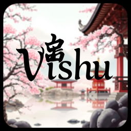 A stunning WhatsApp background featuring the name 'Vishu' artfully designed in elegant kanji characters, surrounded by a serene Japanese art scene