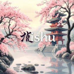 A stunning WhatsApp background featuring the name 'Vishu' artfully designed in elegant kanji characters, surrounded by a serene Japanese art scene