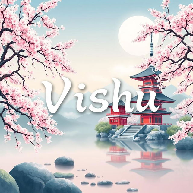 A stunning WhatsApp background featuring the name 'Vishu' artfully designed in elegant kanji characters, surrounded by a serene Japanese art scene