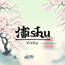 A stunning WhatsApp background featuring the name 'Vishu' artfully designed in elegant kanji characters, surrounded by a serene Japanese art scene