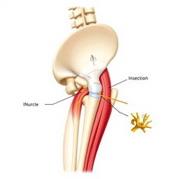 A detailed anatomical illustration of the gluteus medius muscle, with its origin (fixed head) and insertion (moving head) clearly labeled