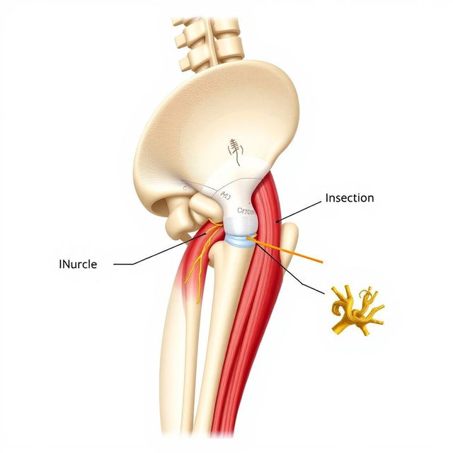 A detailed anatomical illustration of the gluteus medius muscle, with its origin (fixed head) and insertion (moving head) clearly labeled