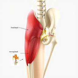 A detailed anatomical illustration of the gluteus medius muscle, with its origin (fixed head) and insertion (moving head) clearly labeled