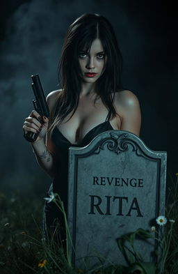 A mysterious, sexy woman with an alluring, yet edgy aesthetic, appears mentally unstable, holding a pistol with an intense gaze