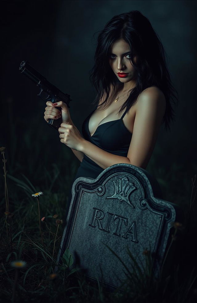 A mysterious, sexy woman with an alluring, yet edgy aesthetic, appears mentally unstable, holding a pistol with an intense gaze