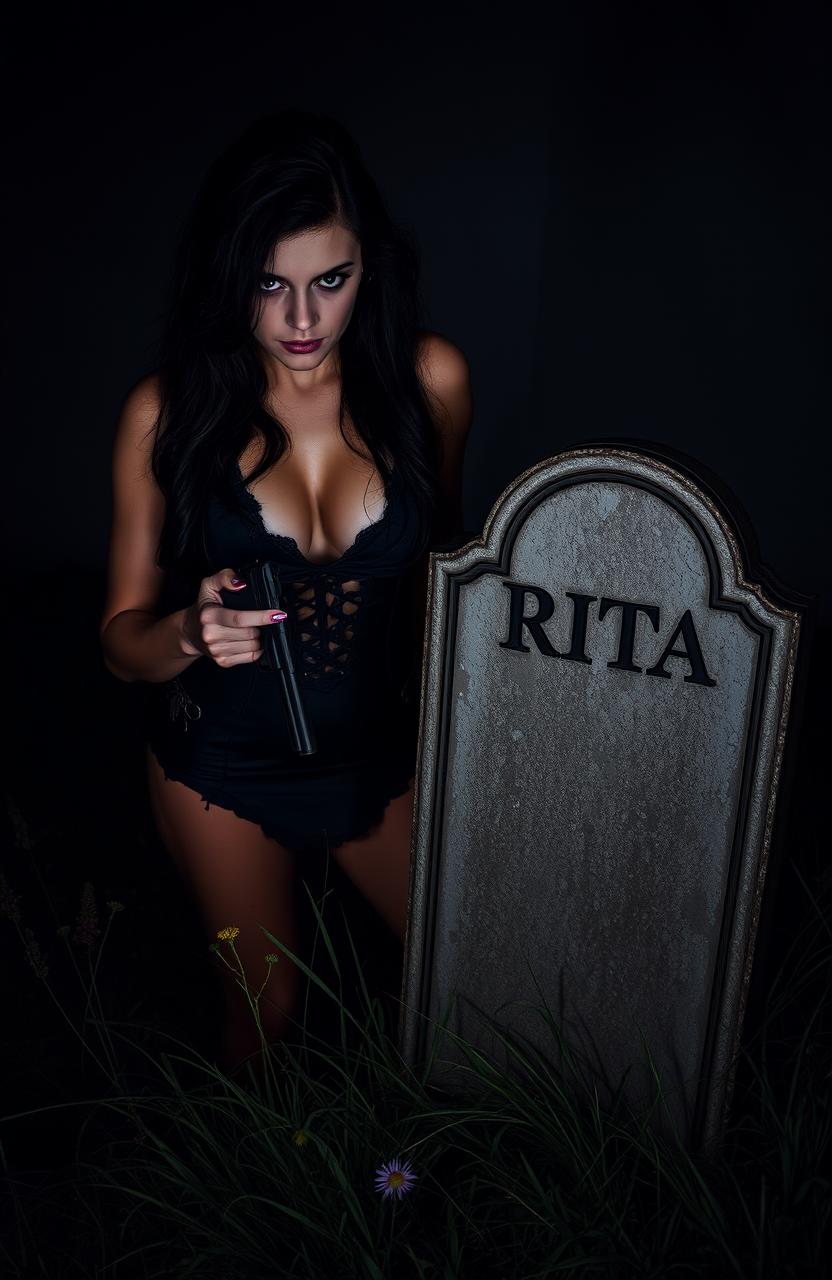 A mysterious, sexy woman with an alluring, yet edgy aesthetic, appears mentally unstable, holding a pistol with an intense gaze