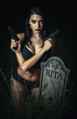 A mysterious, sexy woman with an alluring, yet edgy aesthetic, appears mentally unstable, holding a pistol with an intense gaze