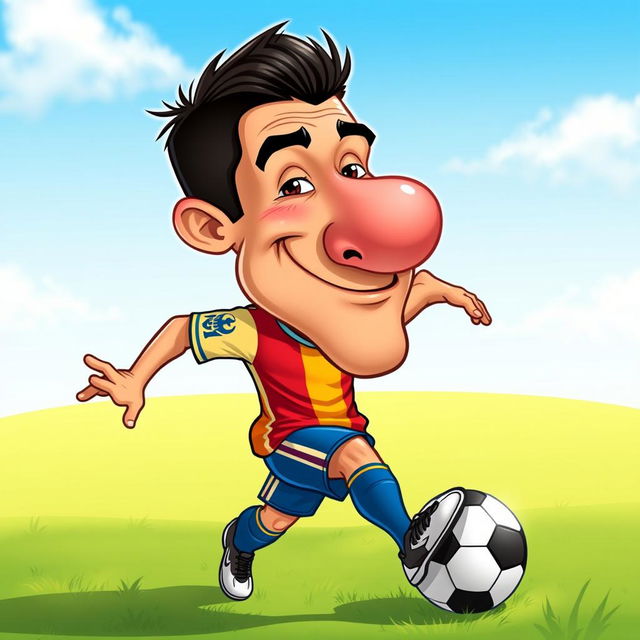 A humorous cartoon-style portrayal of a famous soccer player, resembling Cristiano Ronaldo, with an exaggeratedly large nose