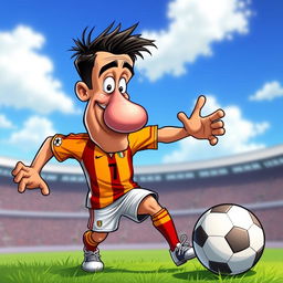 A humorous cartoon-style portrayal of a famous soccer player, resembling Cristiano Ronaldo, with an exaggeratedly large nose